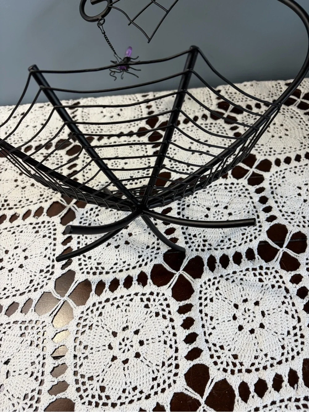 Source Unknown Black Spider Web Candy Bowl with Purple Hanging Spider